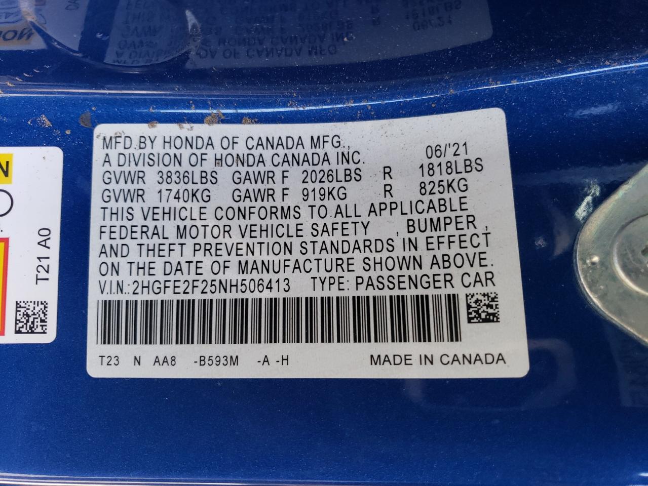 2022 HONDA CIVIC LX VIN:2HGFE2F25NH506413