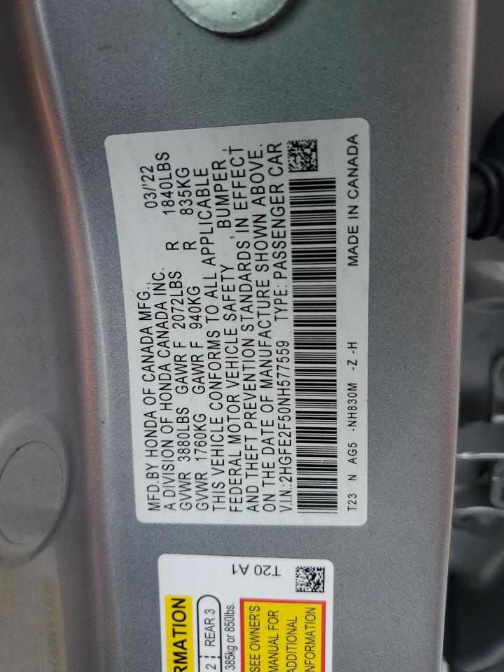 2022 HONDA CIVIC SPORT VIN:2HGFE2F50NH577559