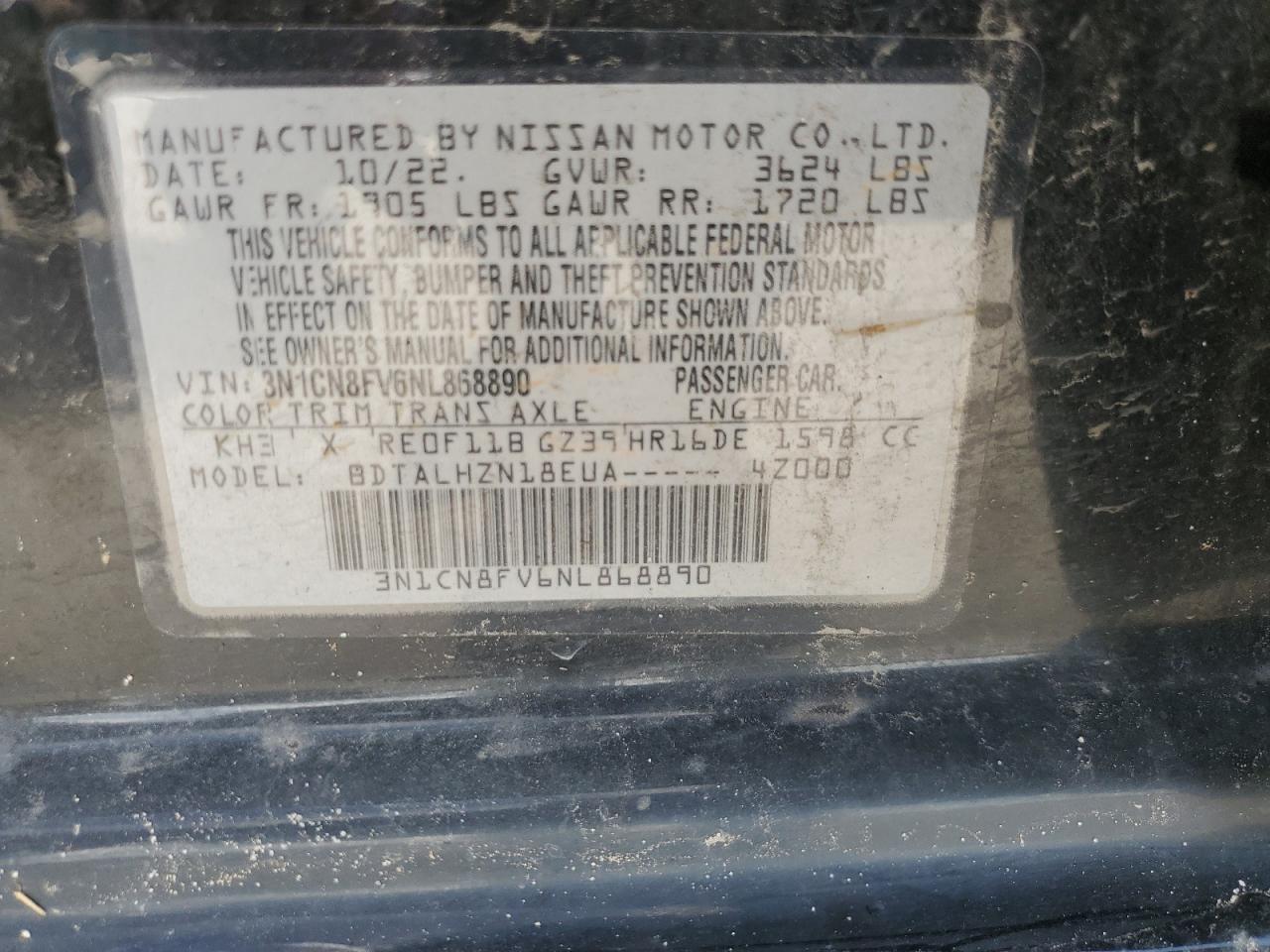2022 NISSAN VERSA SR VIN:3N1CN8FV6NL868890