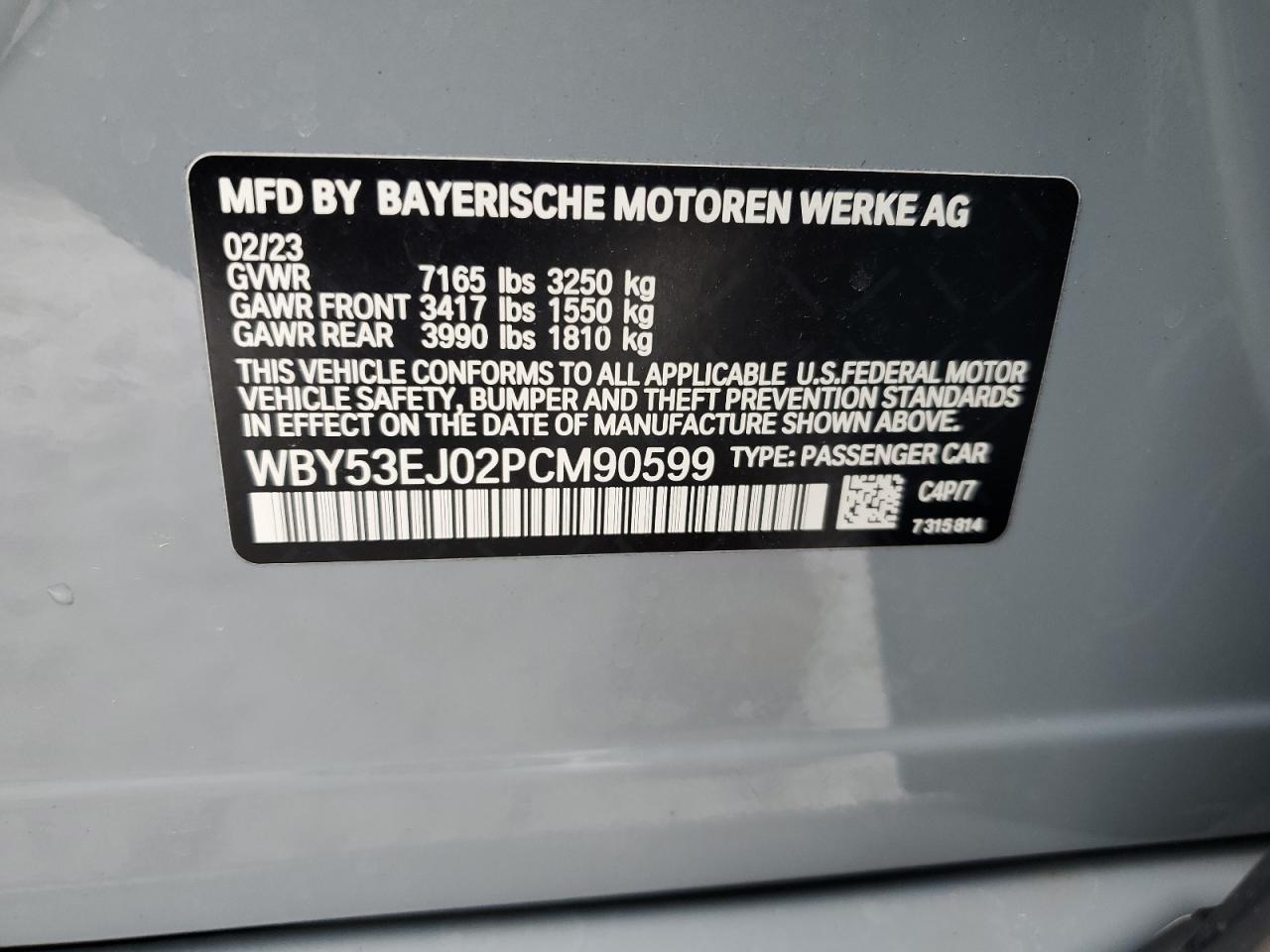 2023 BMW I7 XDRIVE60 VIN:WBY53EJ02PCM90599