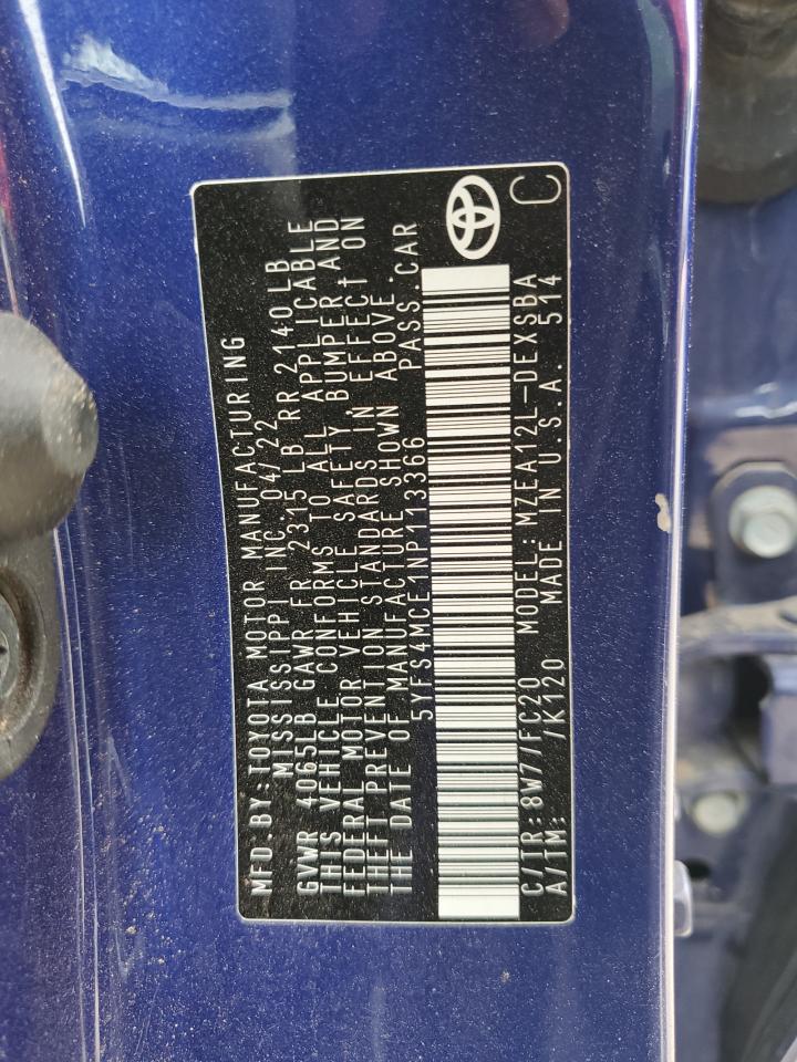 2022 TOYOTA COROLLA SE VIN:5YFS4MCE1NP113366