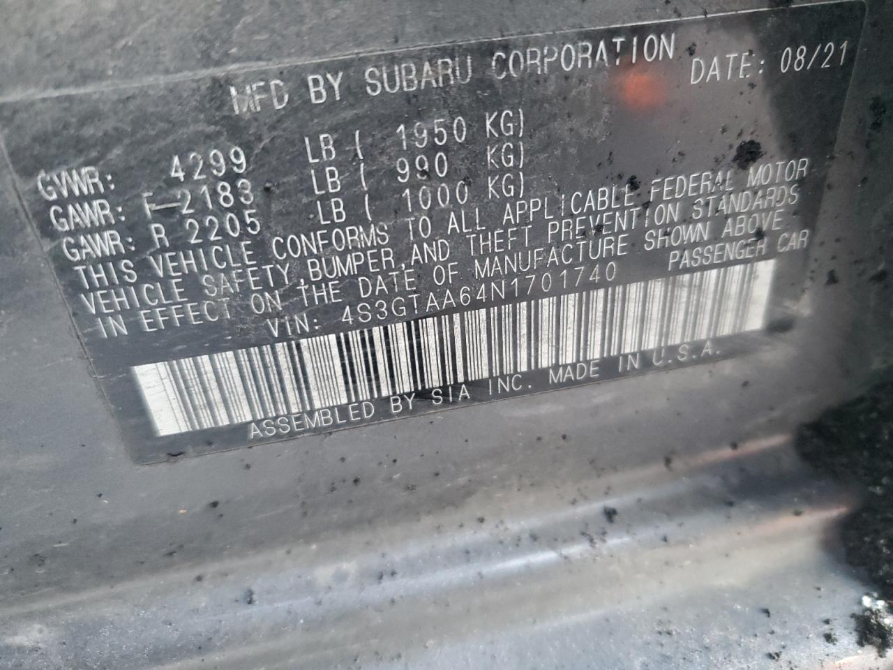 2022 SUBARU IMPREZA  VIN:4S3GTAA64N1701740