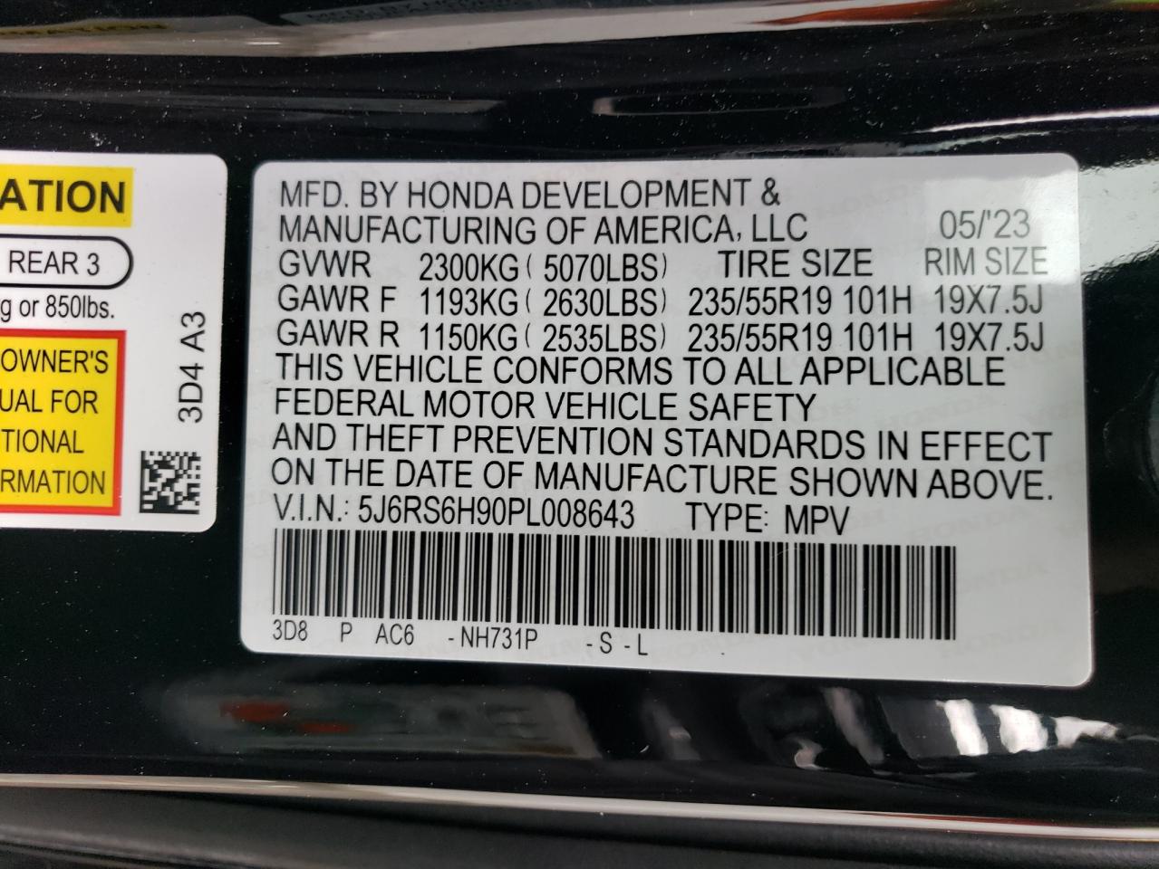 2023 HONDA CR-V SPORT TOURING VIN:5J6RS6H90PL008643