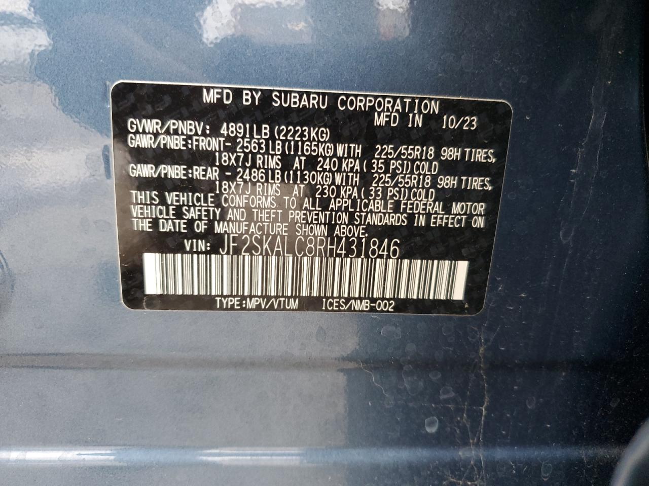 2024 SUBARU FORESTER LIMITED VIN:JF2SKALC8RH431846