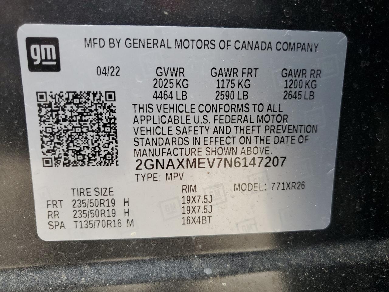 2022 CHEVROLET EQUINOX RS VIN:2GNAXMEV7N6147207