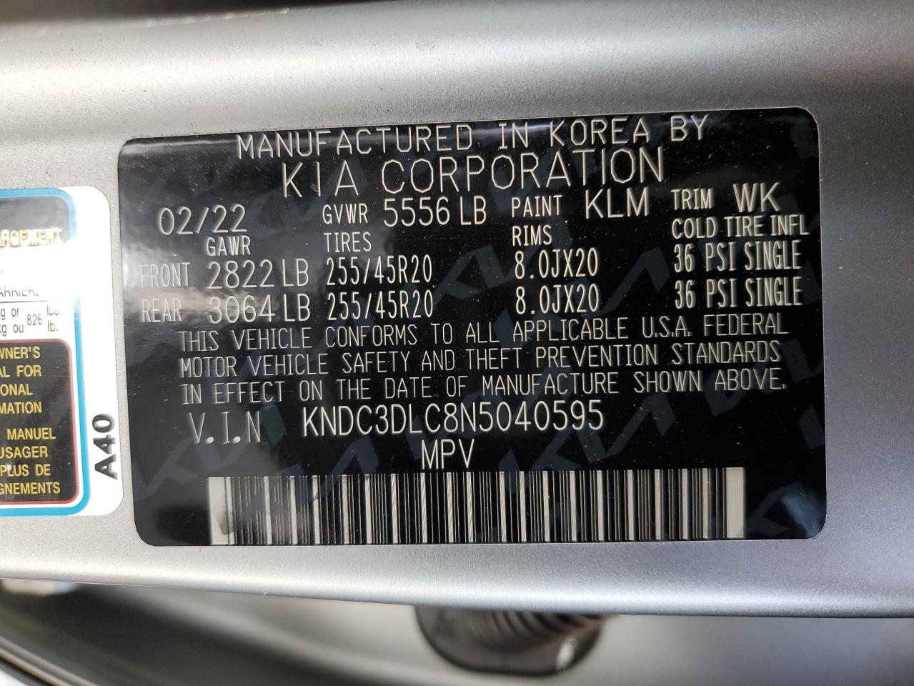2022 KIA EV6 LIGHT VIN:KNDC3DLC8N5040595