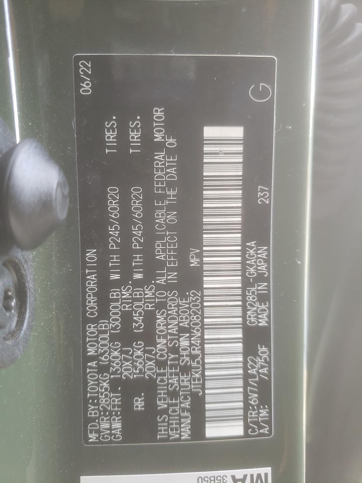 2022 TOYOTA 4RUNNER LIMITED VIN:JTEKU5JR4N6082032