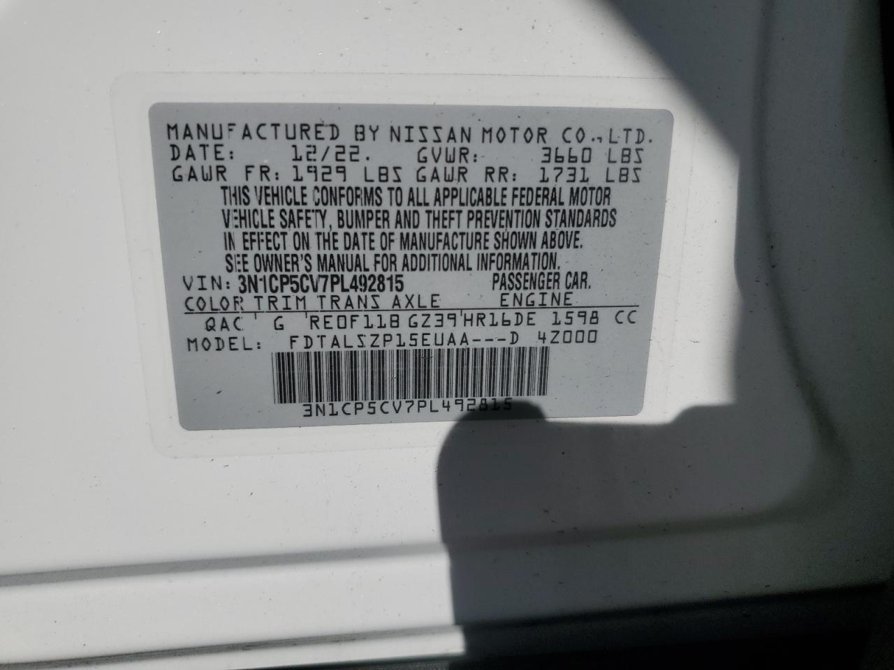 2023 NISSAN KICKS SV VIN:3N1CP5CV7PL492815
