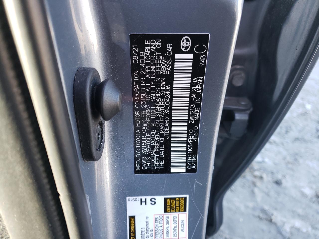 2022 TOYOTA COROLLA LE VIN:JTDEAMDE3NJ042406