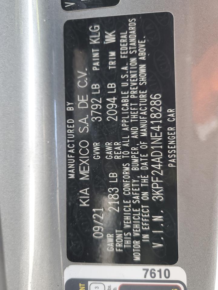 2022 KIA FORTE FE VIN:3KPF24AD1NE418286