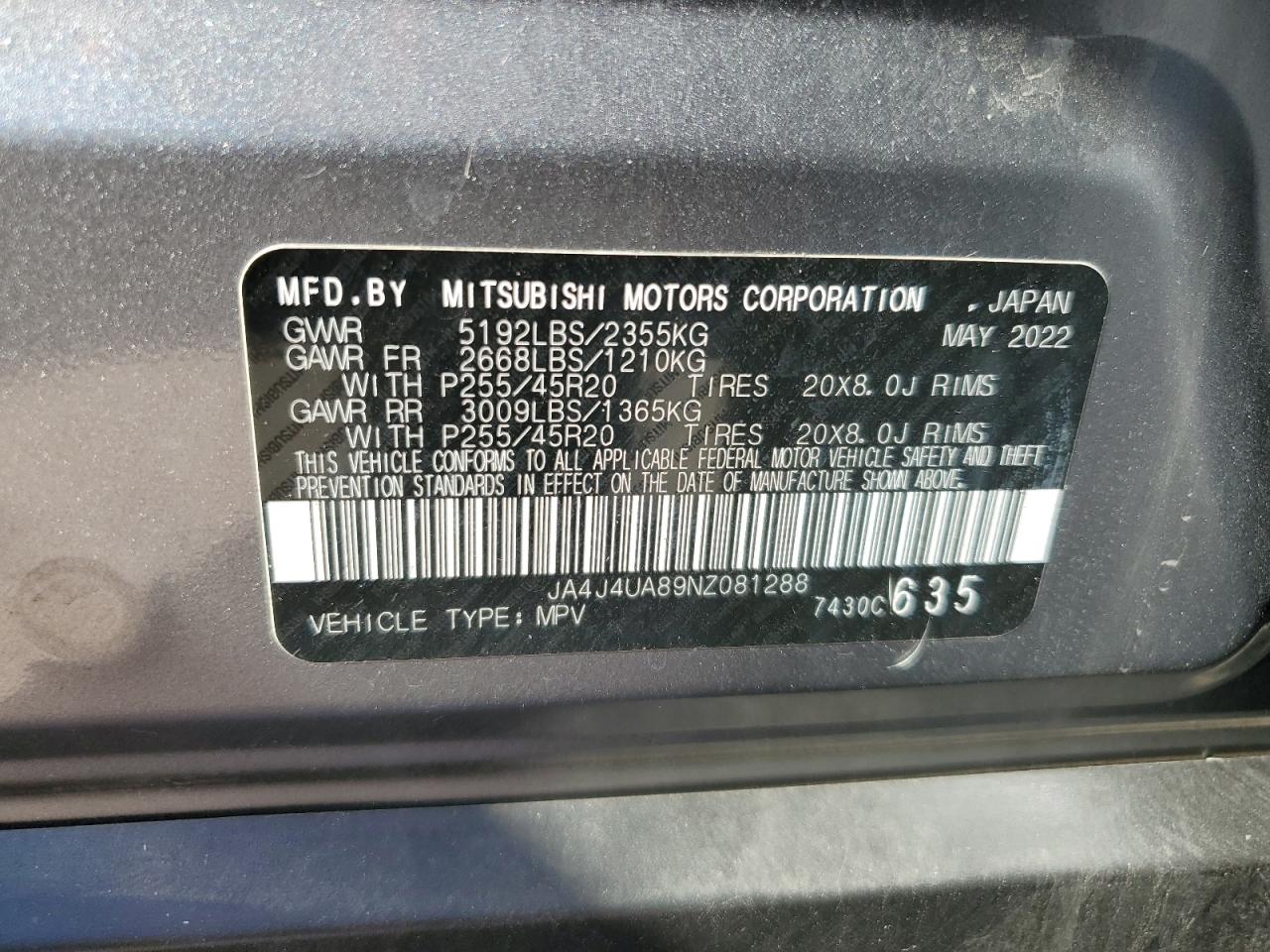 2022 MITSUBISHI OUTLANDER SE VIN:JA4J4UA89NZ081288