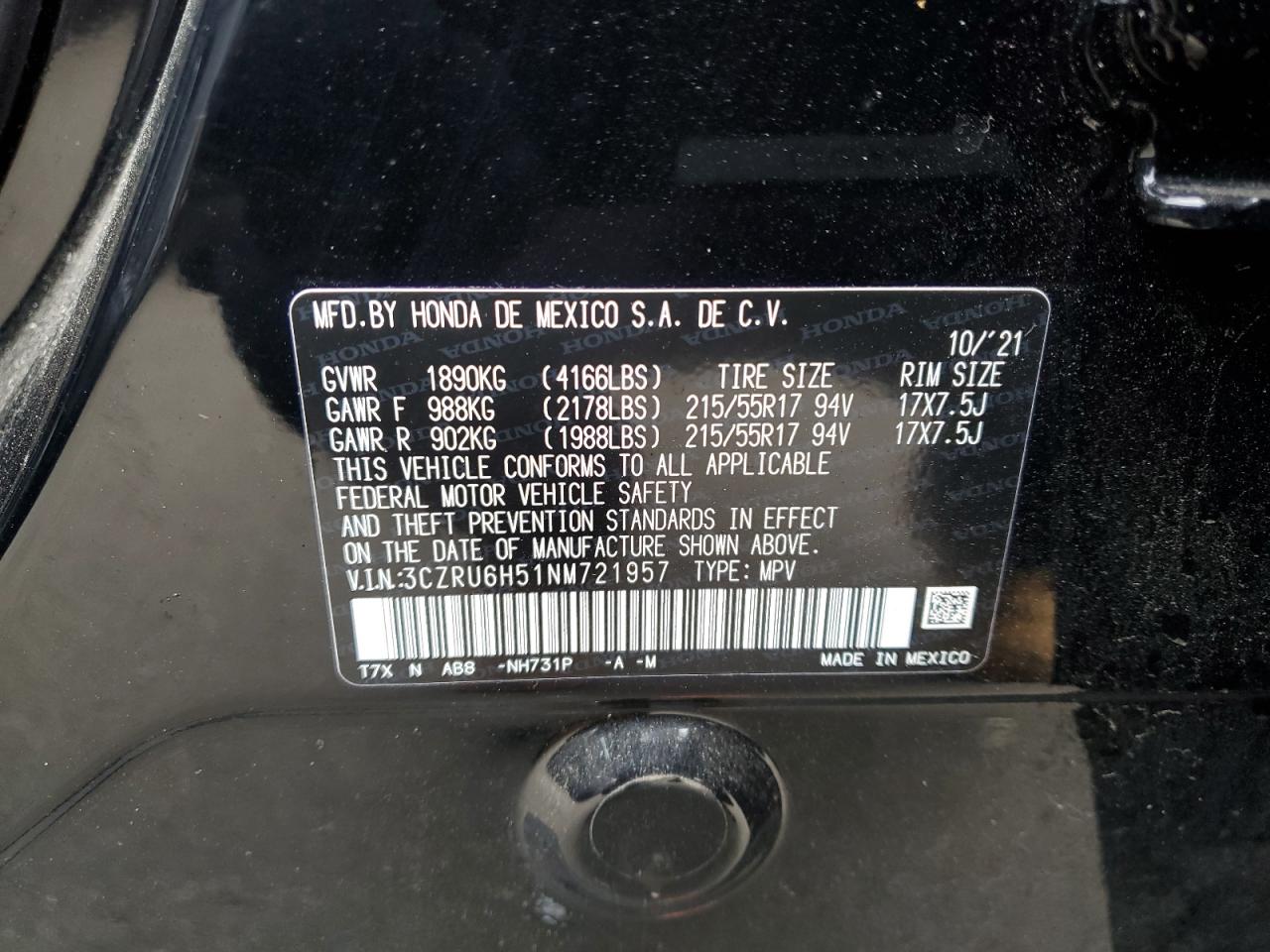 2022 HONDA HR-V EX VIN:1FTPW14546FB30698