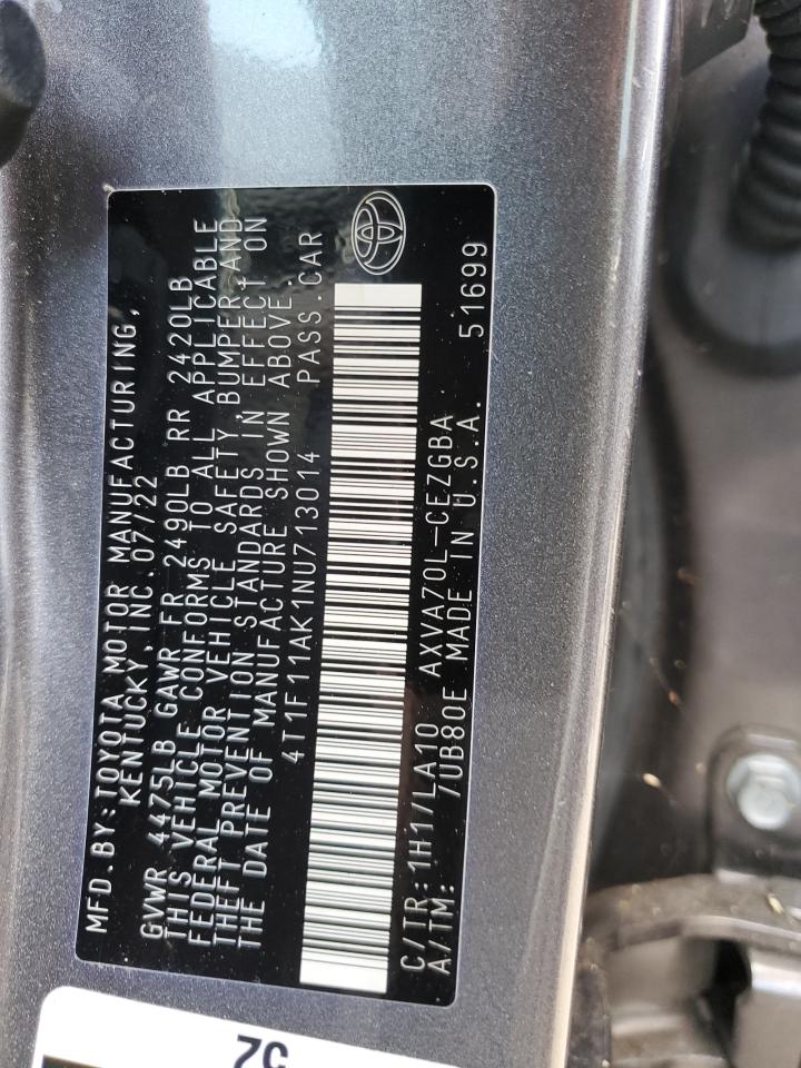 2022 TOYOTA CAMRY XLE VIN:4T1F11AK1NU713014