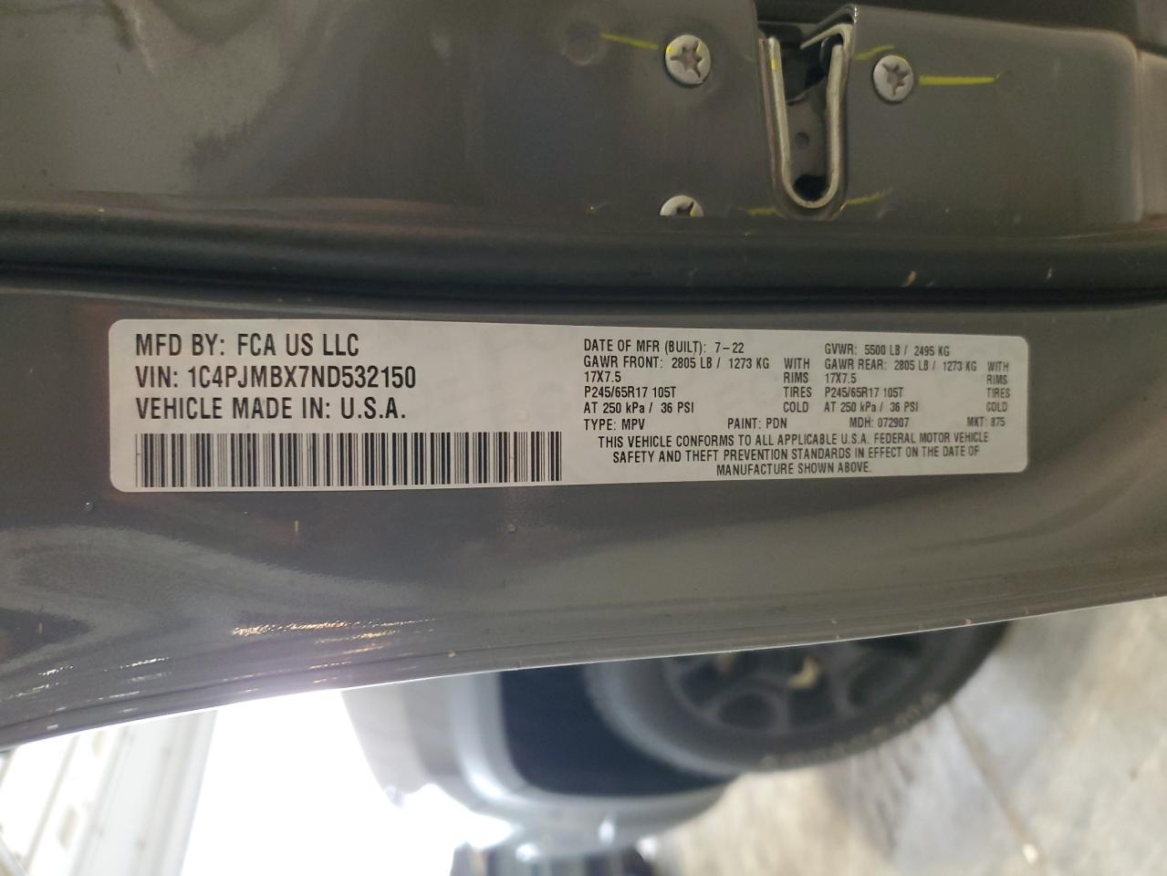 2022 JEEP CHEROKEE TRAILHAWK VIN:1C4PJMBX7ND532150