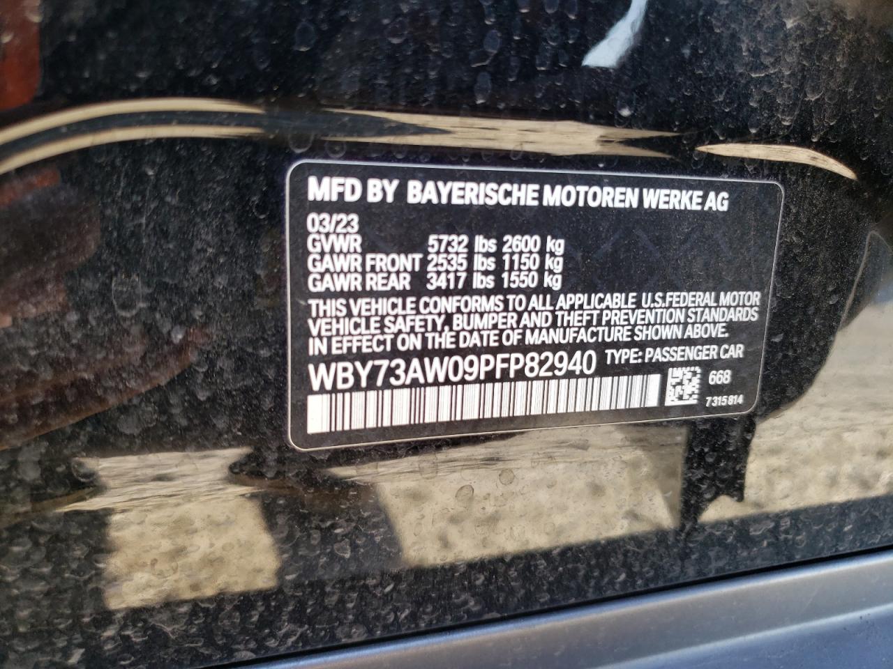 2023 BMW I4 EDRIVE 40 VIN:WBY73AW09PFP82940