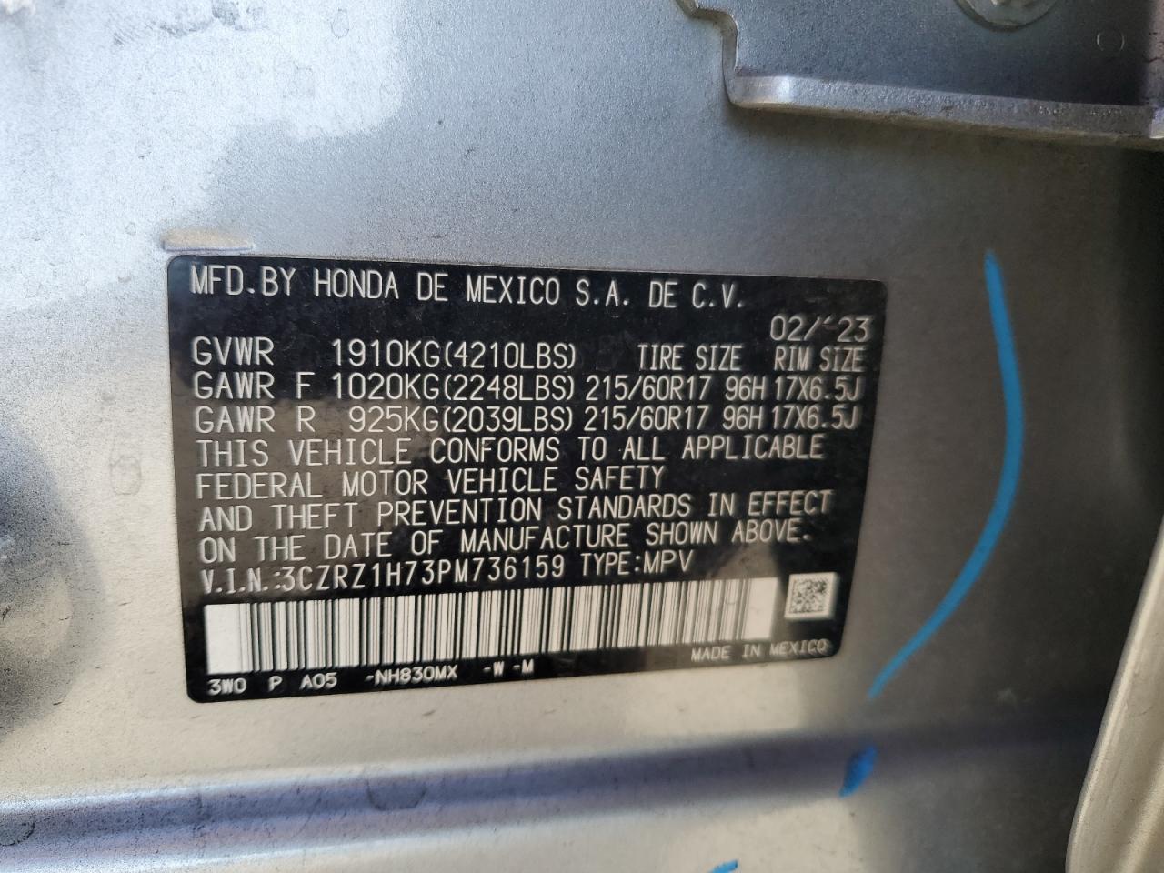 2023 HONDA HR-V EXL VIN:3CZRZ1H73PM736159