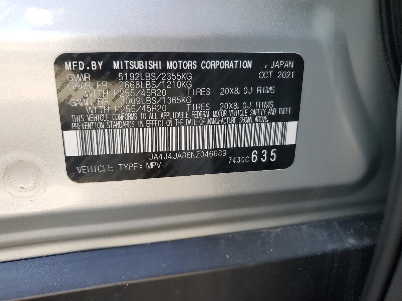 2022 MITSUBISHI OUTLANDER SE VIN:JA4J4UA86NZ046689