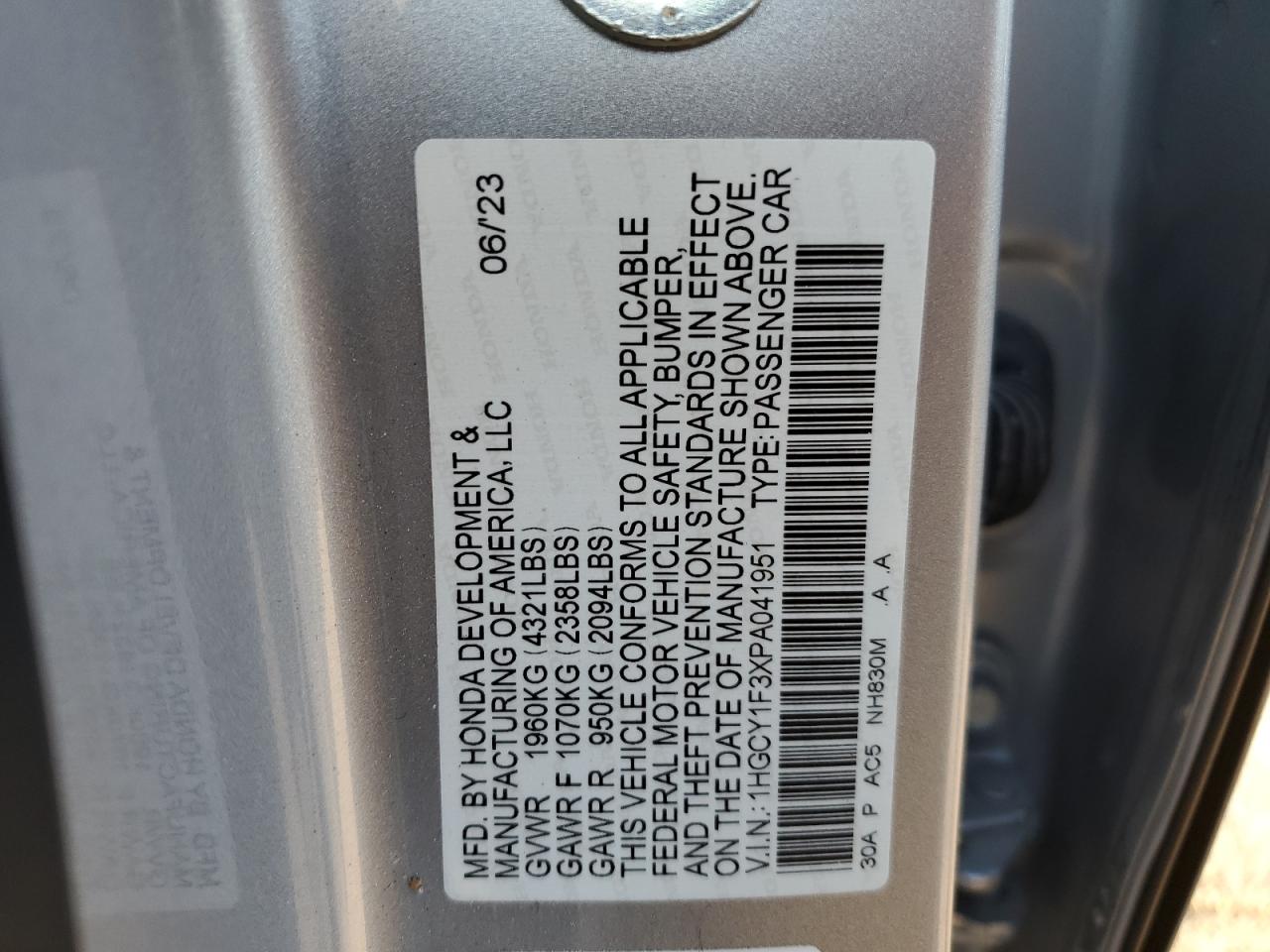 2023 HONDA ACCORD EX VIN:1HGCY1F3XPA041951