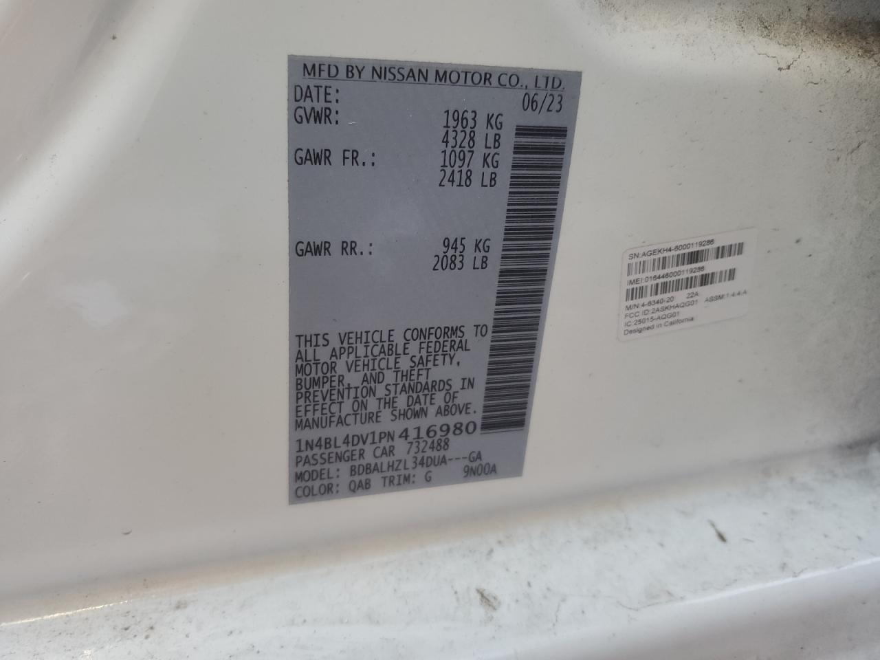2023 NISSAN ALTIMA SV VIN:1N4BL4DV1PN416980