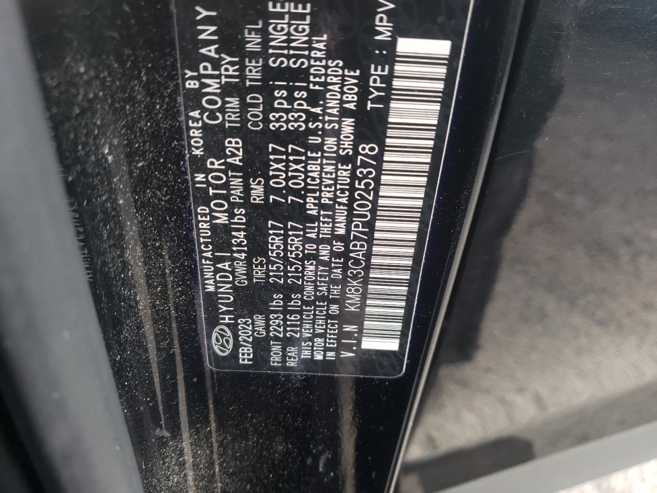 2023 HYUNDAI KONA SEL VIN:KM8K3CAB7PU025378