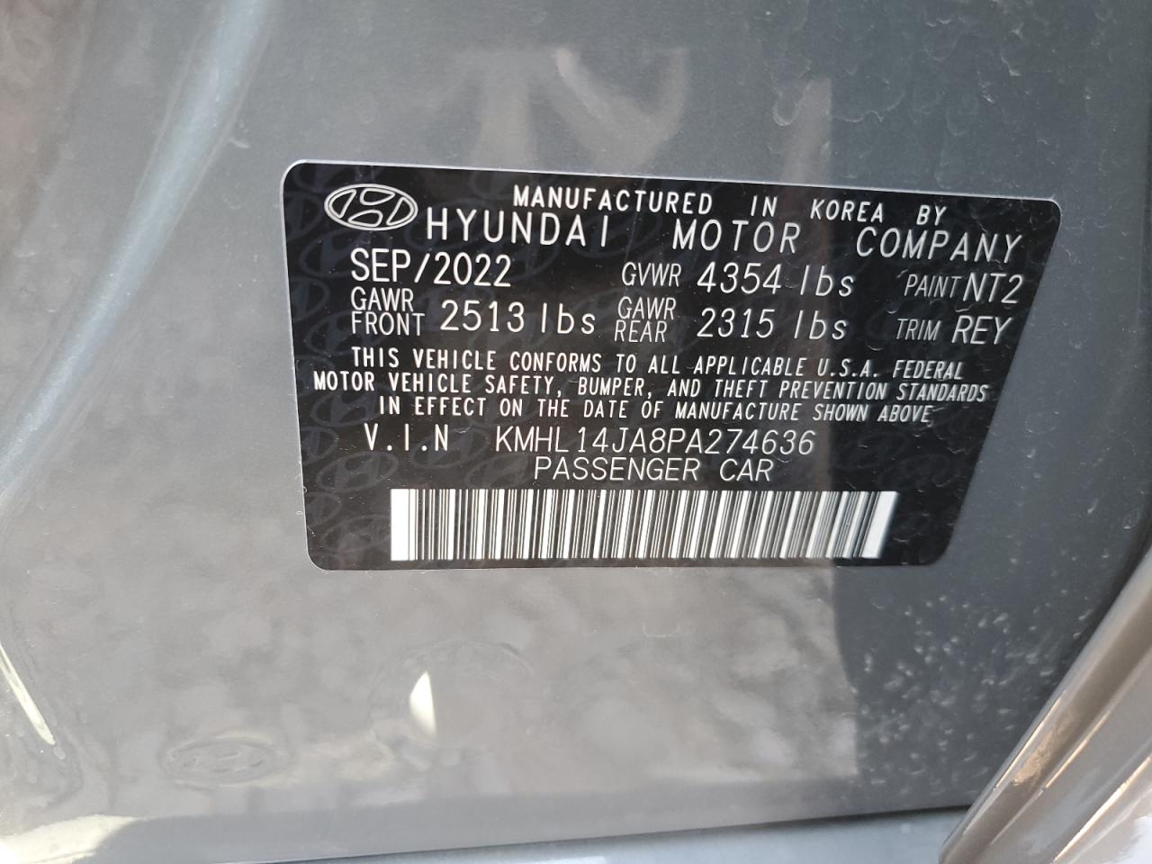 2023 HYUNDAI SONATA SEL VIN:KMHL14JA8PA274636