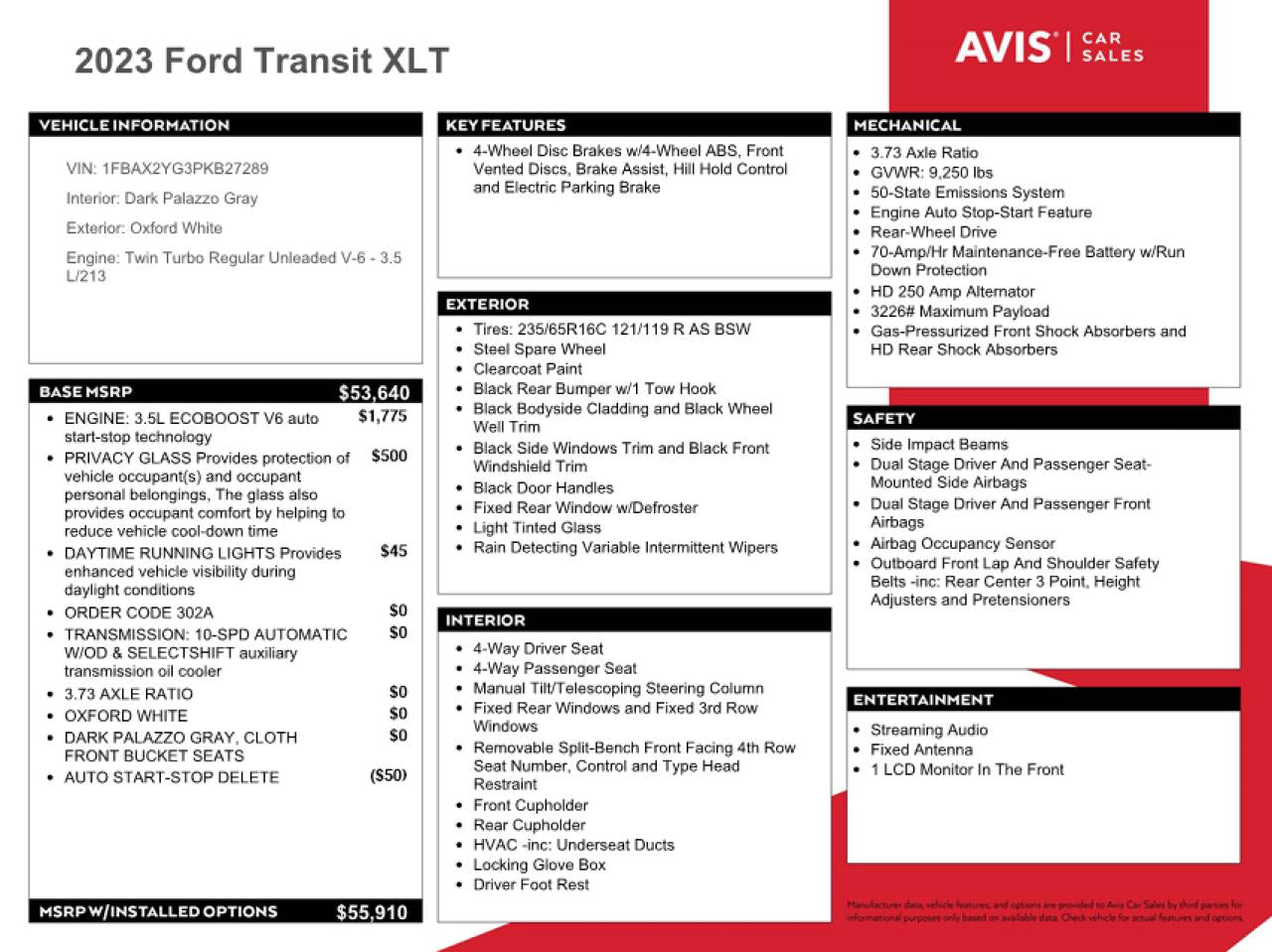 2023 FORD TRANSIT T-350 VIN:1FBAX2YG3PKB27289