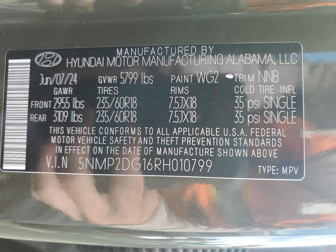 2024 HYUNDAI SANTA FE SEL VIN:5NMP2DG16RH010799