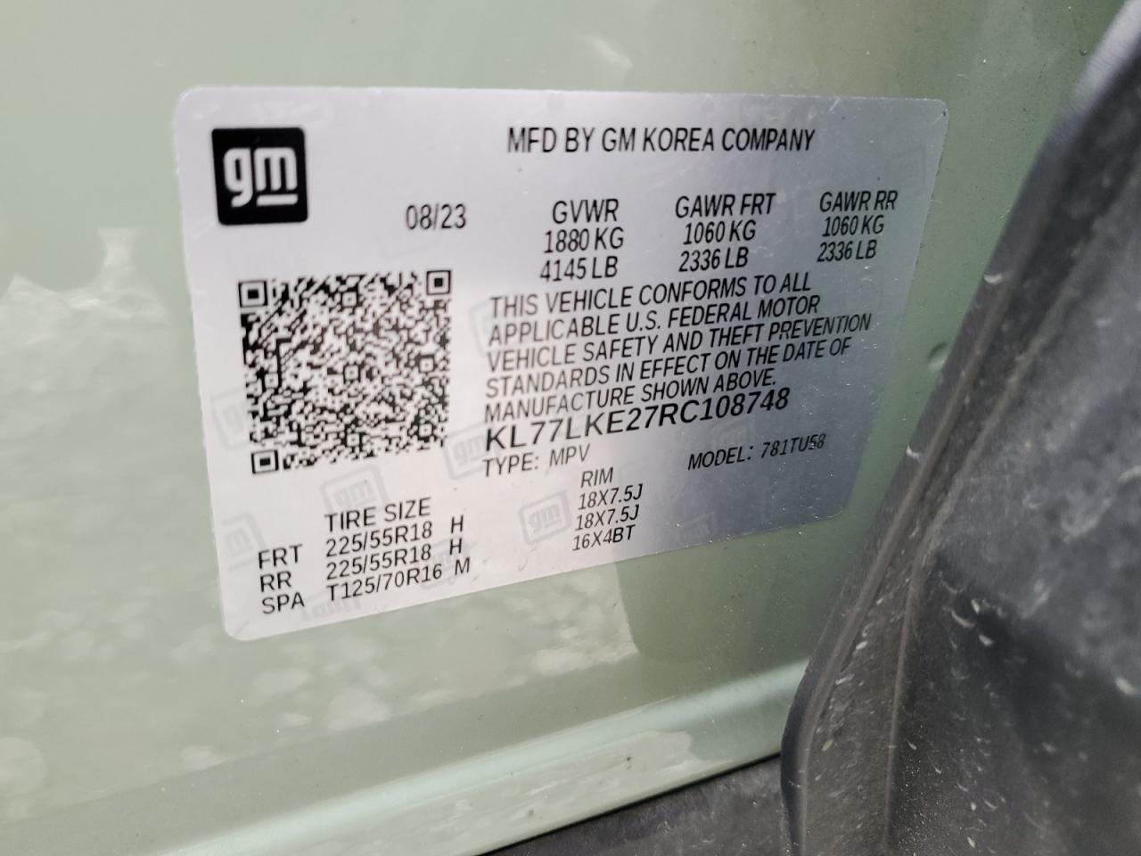 2024 CHEVROLET TRAX ACTIV VIN:KL77LKE27RC108748