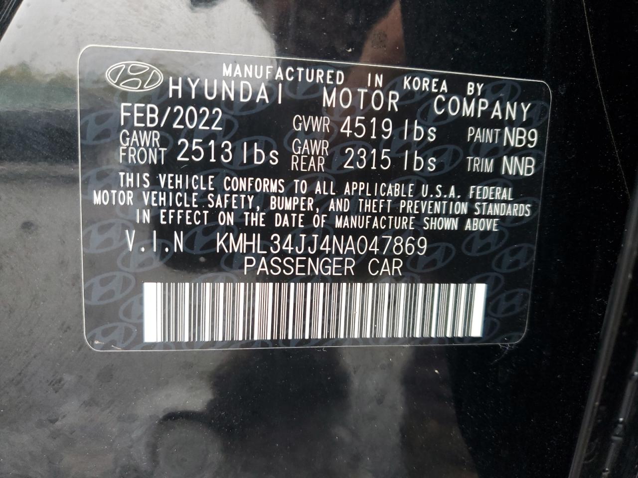 2022 HYUNDAI SONATA HYBRID VIN:KMHL34JJ4NA047869