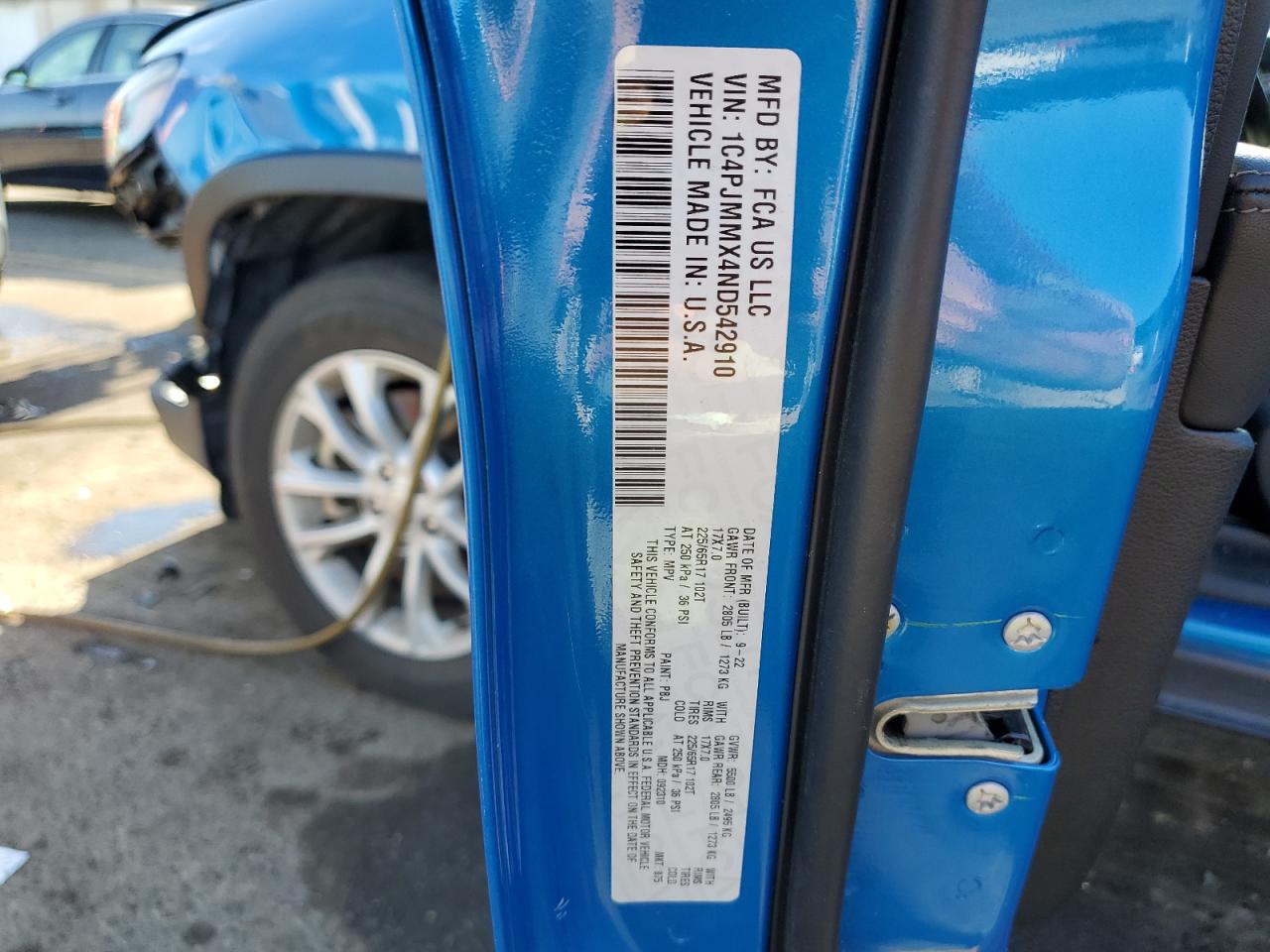 2022 JEEP CHEROKEE LATITUDE LUX VIN:1C4PJMMX4ND542910