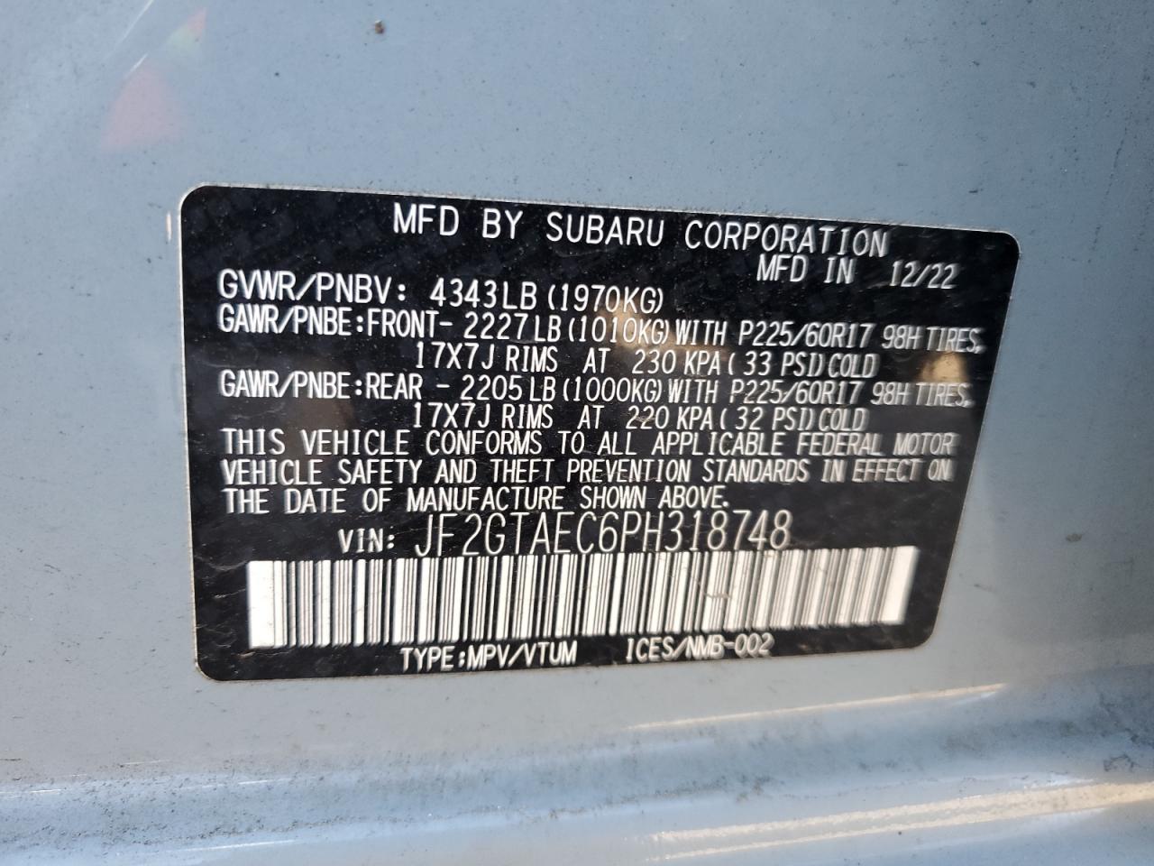 2023 SUBARU CROSSTREK PREMIUM VIN:JF2GTAEC6PH318748