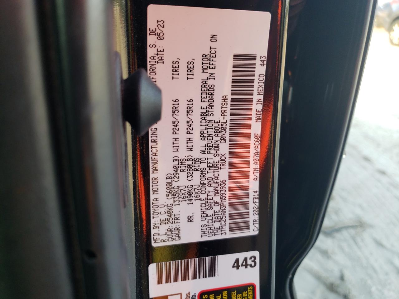 2023 TOYOTA TACOMA DOUBLE CAB VIN:3TMCZ5AN3PM593936