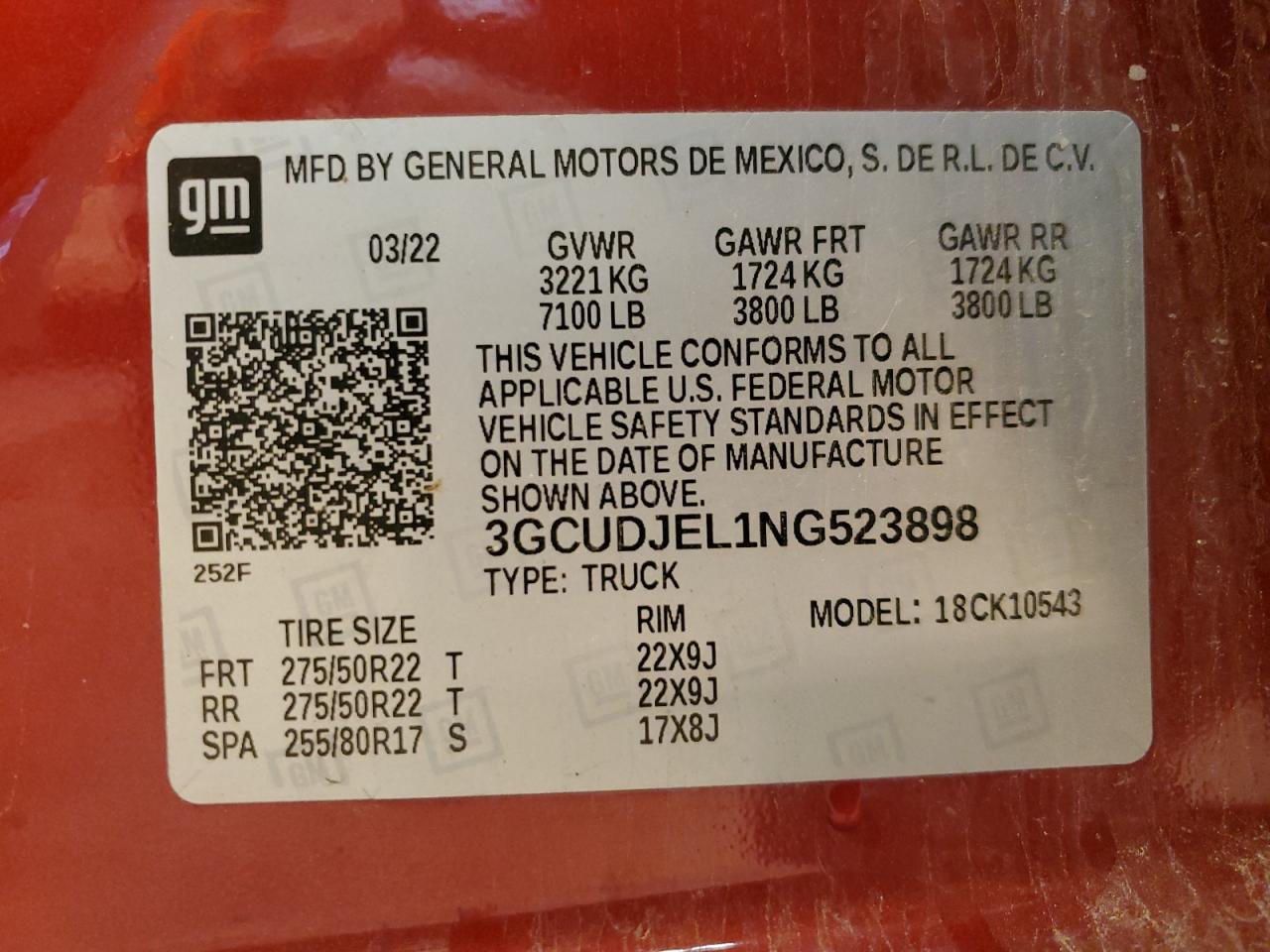 2022 CHEVROLET SILVERADO K1500 HIGH COUNTRY VIN:3GCUDJEL1NG523898