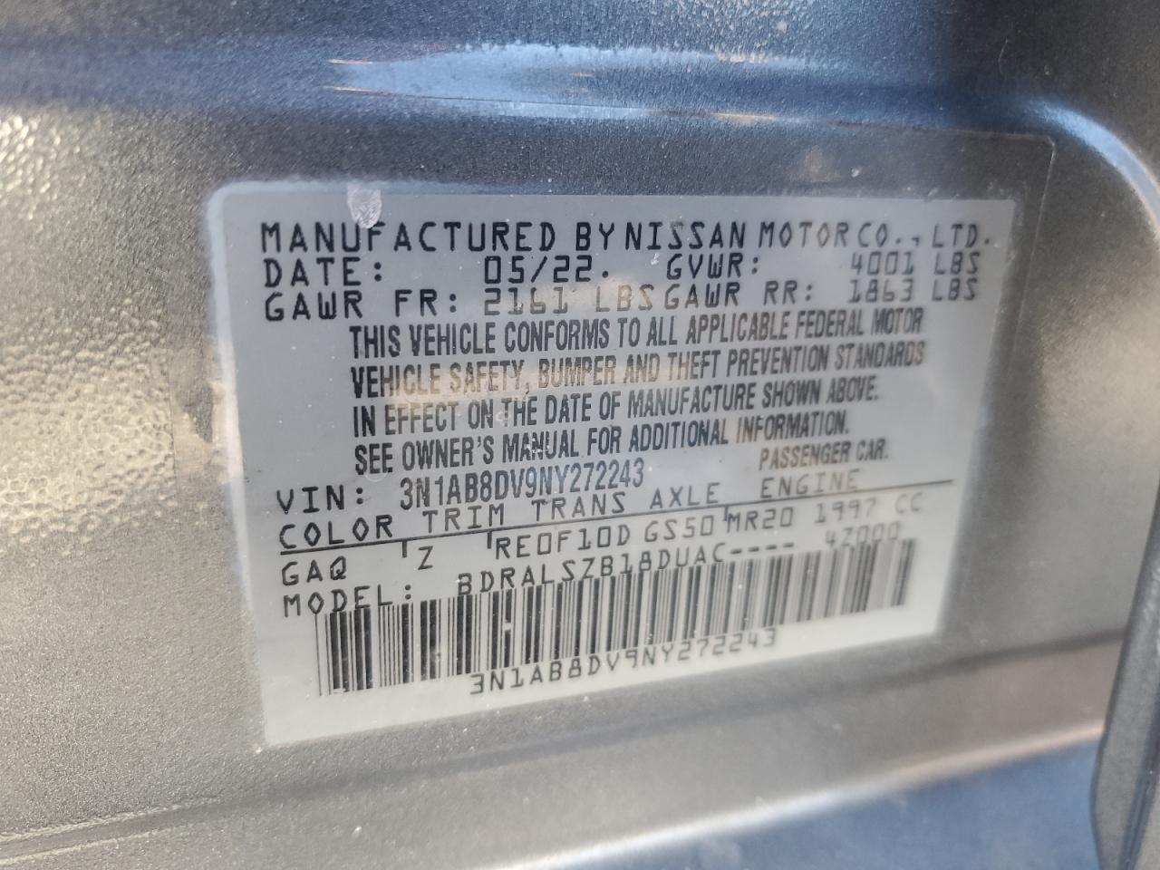2022 NISSAN SENTRA SR VIN:3N1AB8DV9NY272243