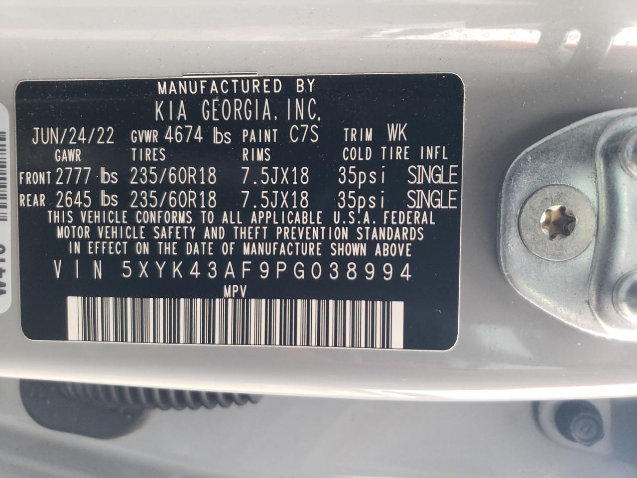 2023 KIA SPORTAGE SX VIN:5XYK43AF9PG038994