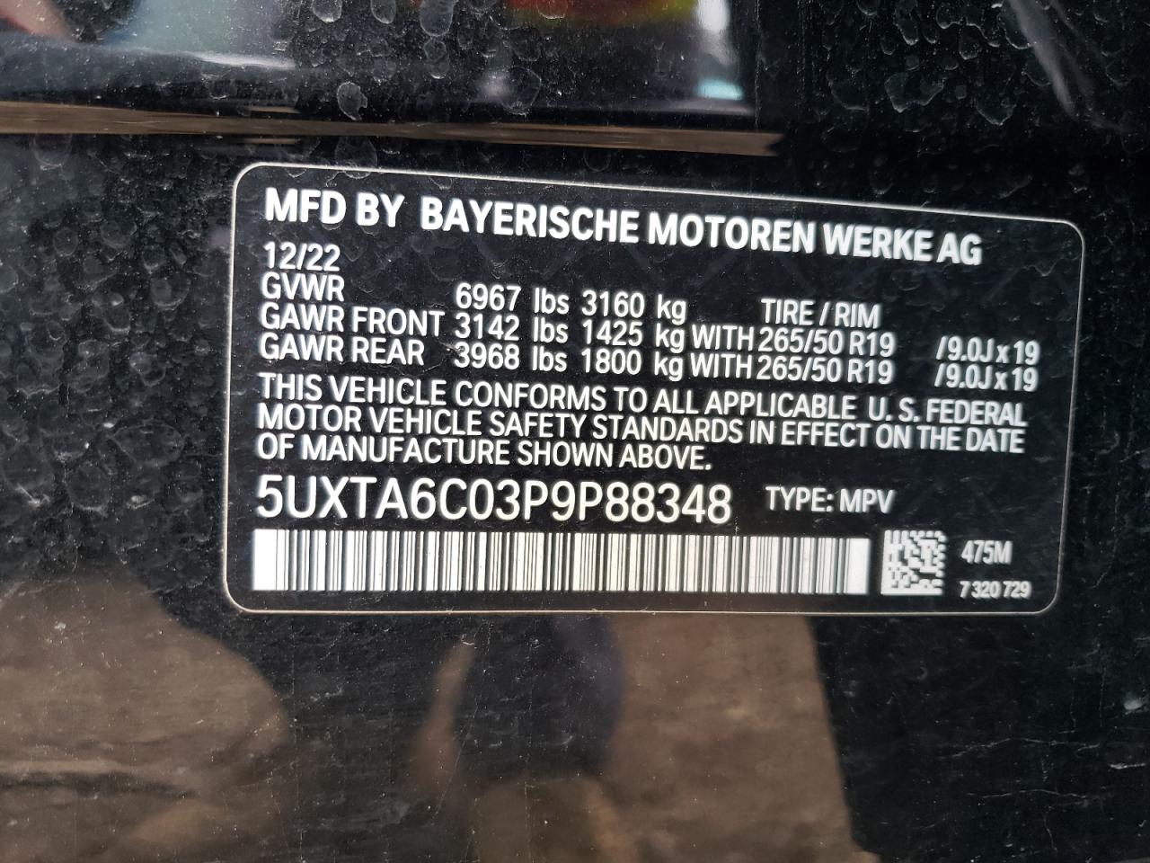 2023 BMW X5 XDRIVE45E VIN:5UXTA6C03P9P88348