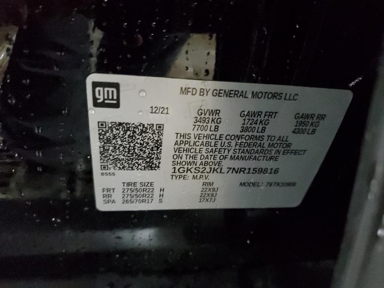 2022 GMC YUKON XL DENALI VIN:1GKS2JKL7NR159816