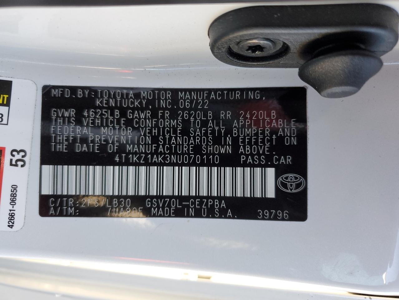 2022 TOYOTA CAMRY TRD VIN:4T1KZ1AK3NU070110