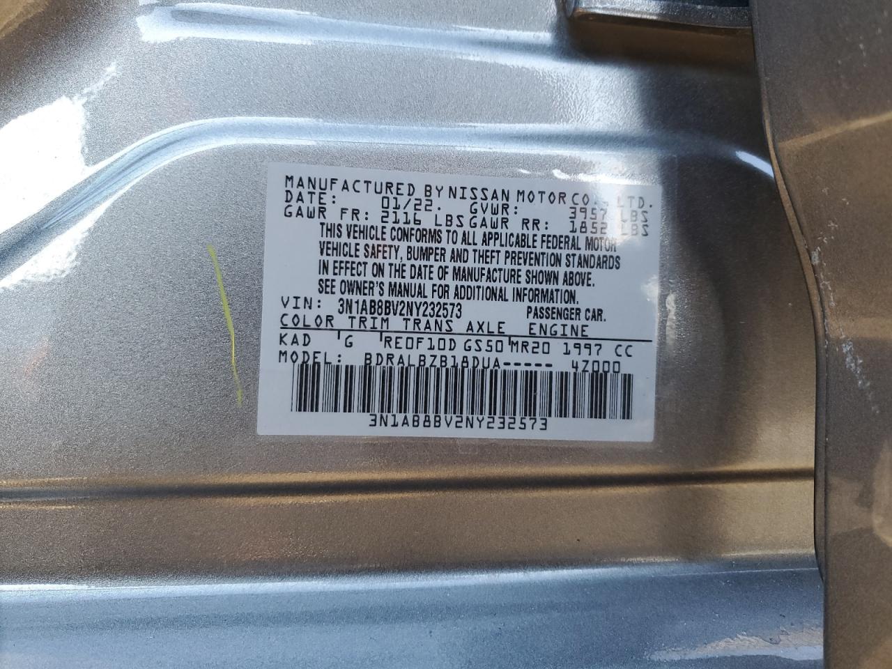 2022 NISSAN SENTRA S VIN:3N1AB8BV2NY232573