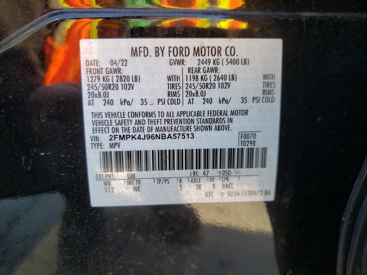 2022 FORD EDGE SEL VIN:2FMPK4J96NBA57513