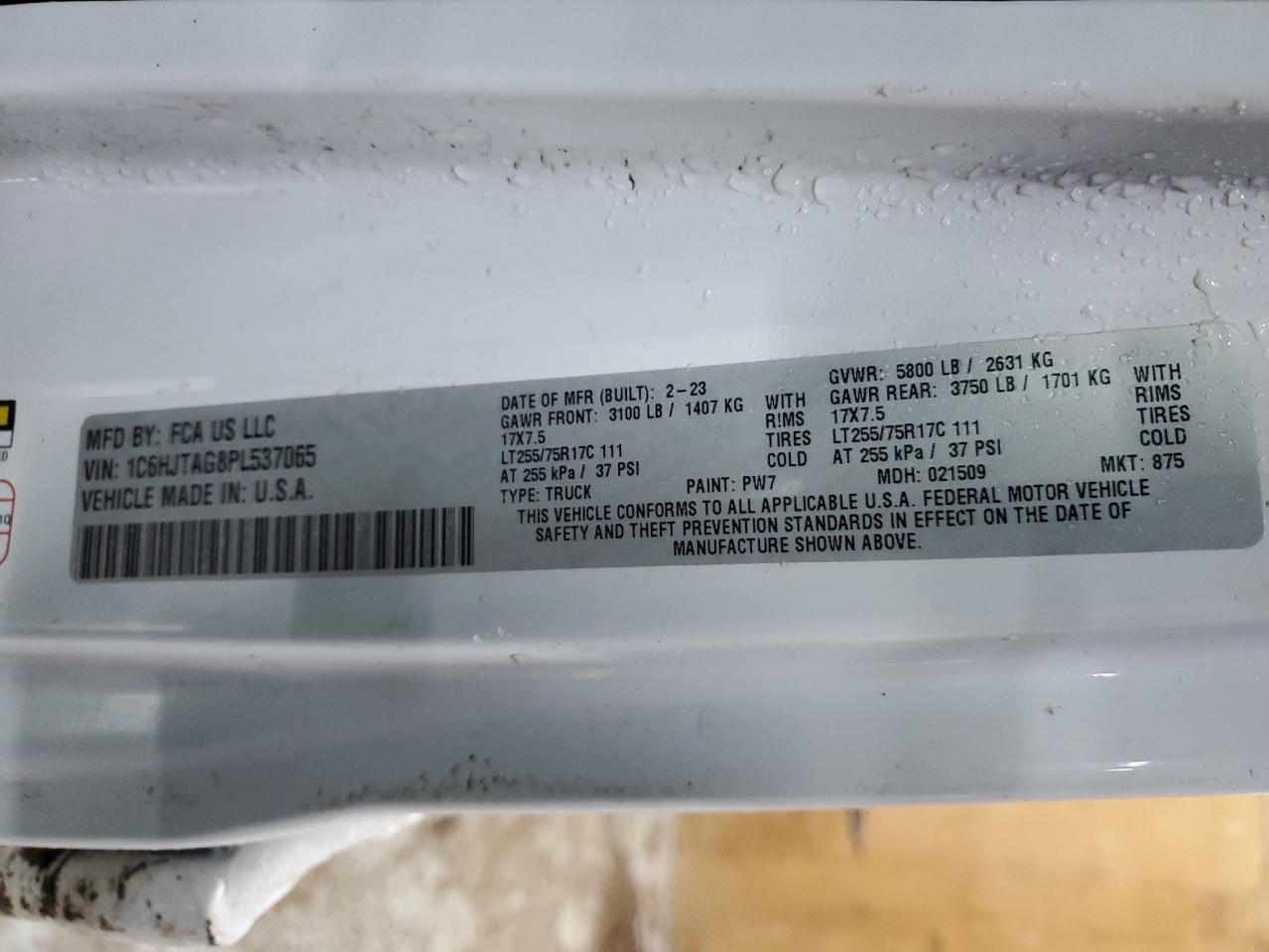 2023 JEEP GLADIATOR SPORT VIN:1C6HJTAG8PL537065