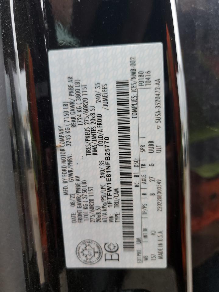 2022 FORD F150 SUPERCREW VIN:1FTFW1E81NFB25770