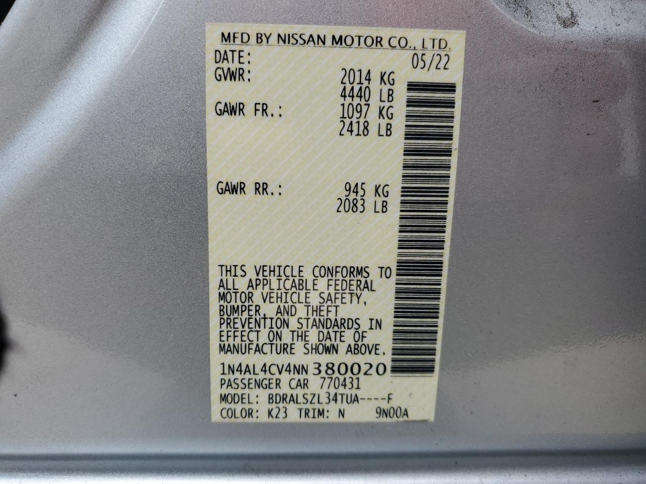2022 NISSAN ALTIMA SR VIN:1N4AL4CV4NN380020