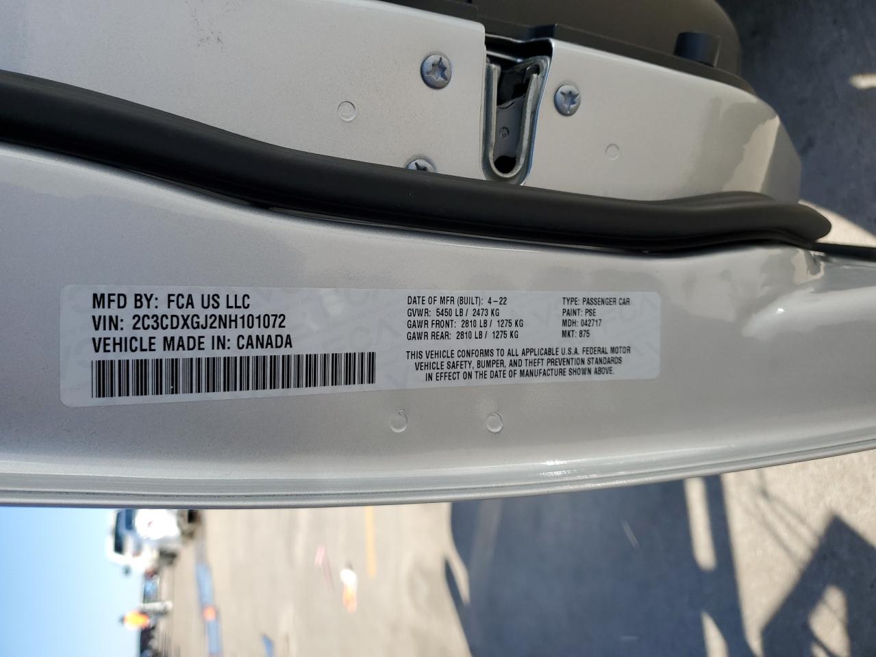 2022 DODGE CHARGER SCAT PACK VIN:2C3CDXGJ2NH101072