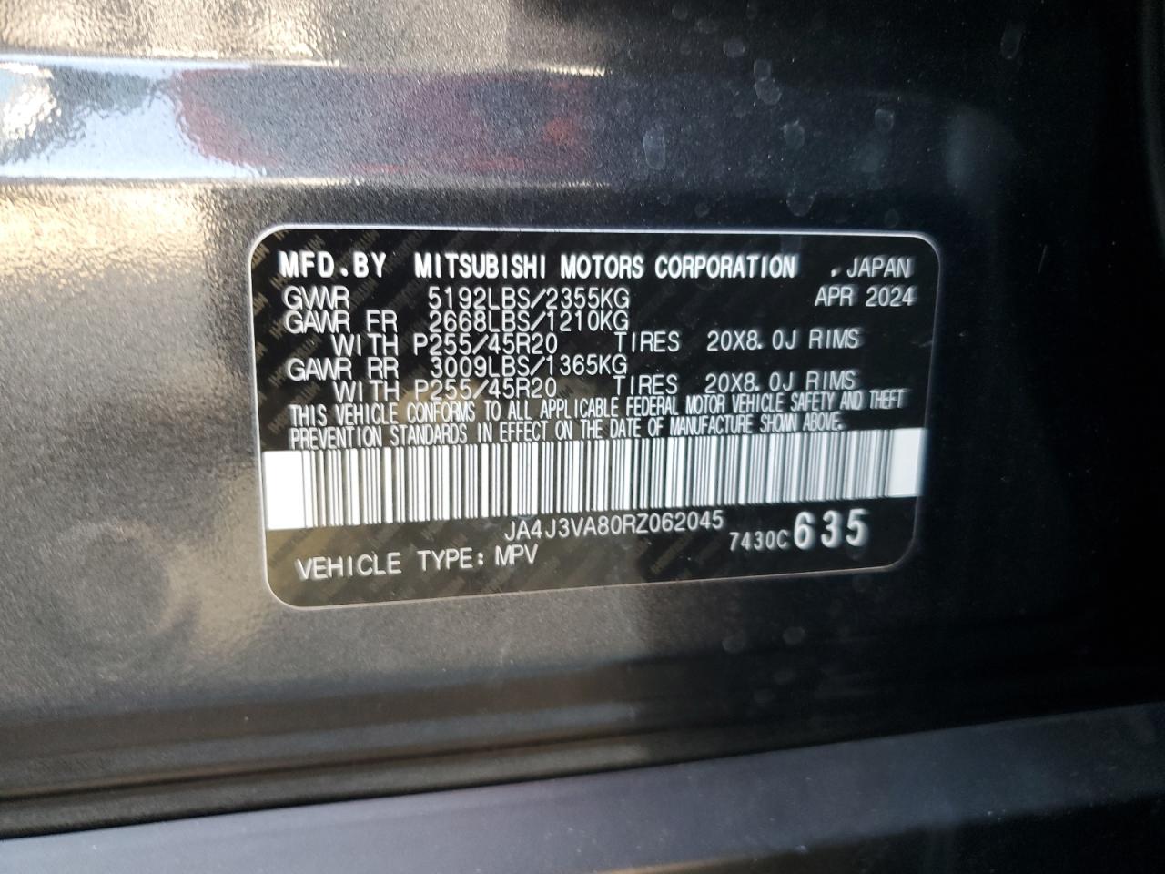 2024 MITSUBISHI OUTLANDER SE VIN:JA4J3VA80RZ062045