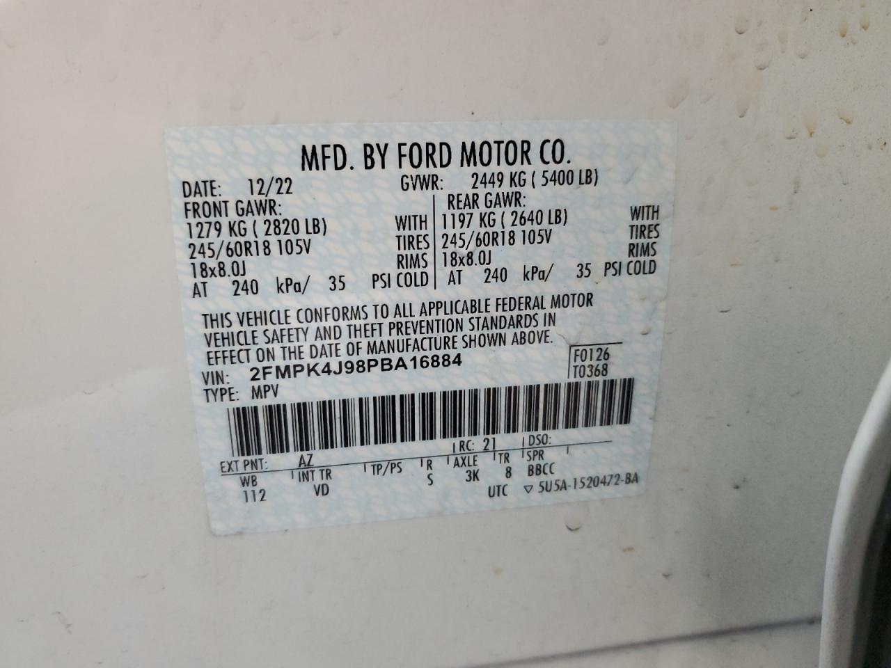 2023 FORD EDGE SEL VIN:2FMPK4J98PBA16884
