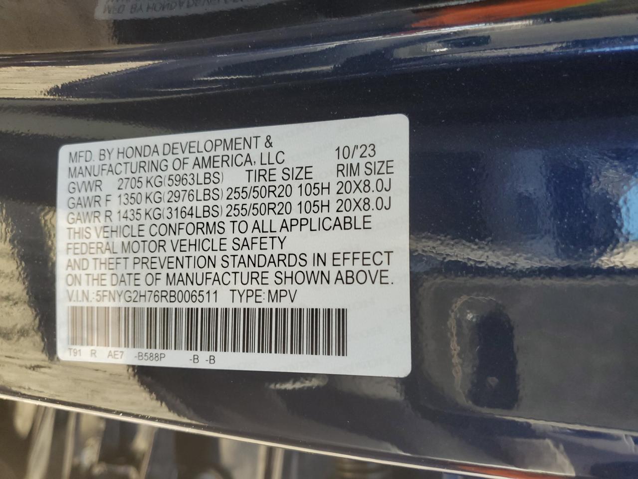 2024 HONDA PILOT TOURING VIN:5FNYG2H76RB006511