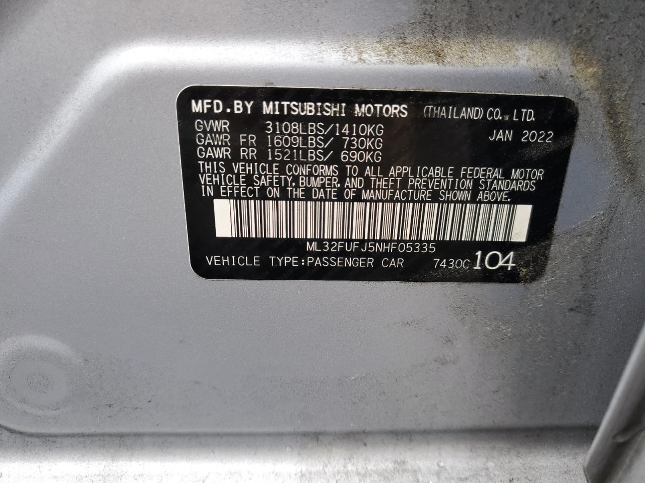 2022 MITSUBISHI MIRAGE G4 ES VIN:ML32FUFJ5NHF05335