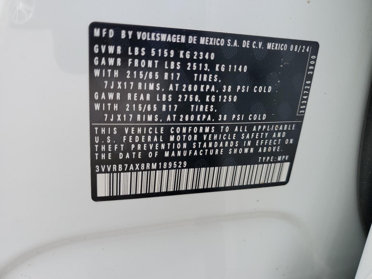 2024 VOLKSWAGEN TIGUAN S VIN:3VVRB7AX8RM189529
