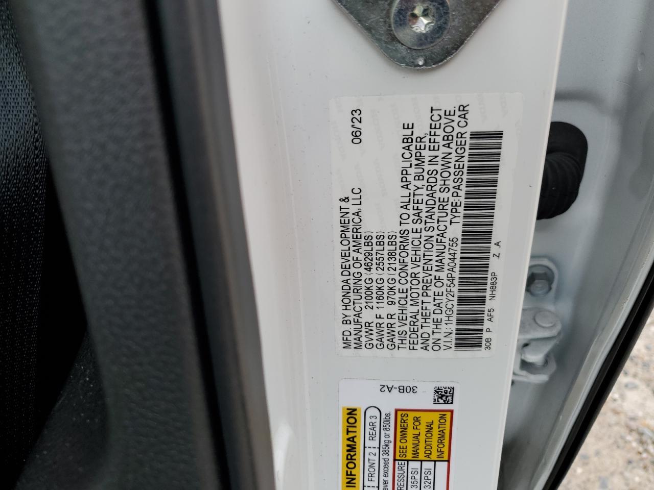 2023 HONDA ACCORD HYBRID SPORT VIN:1HGCY2F54PA044755